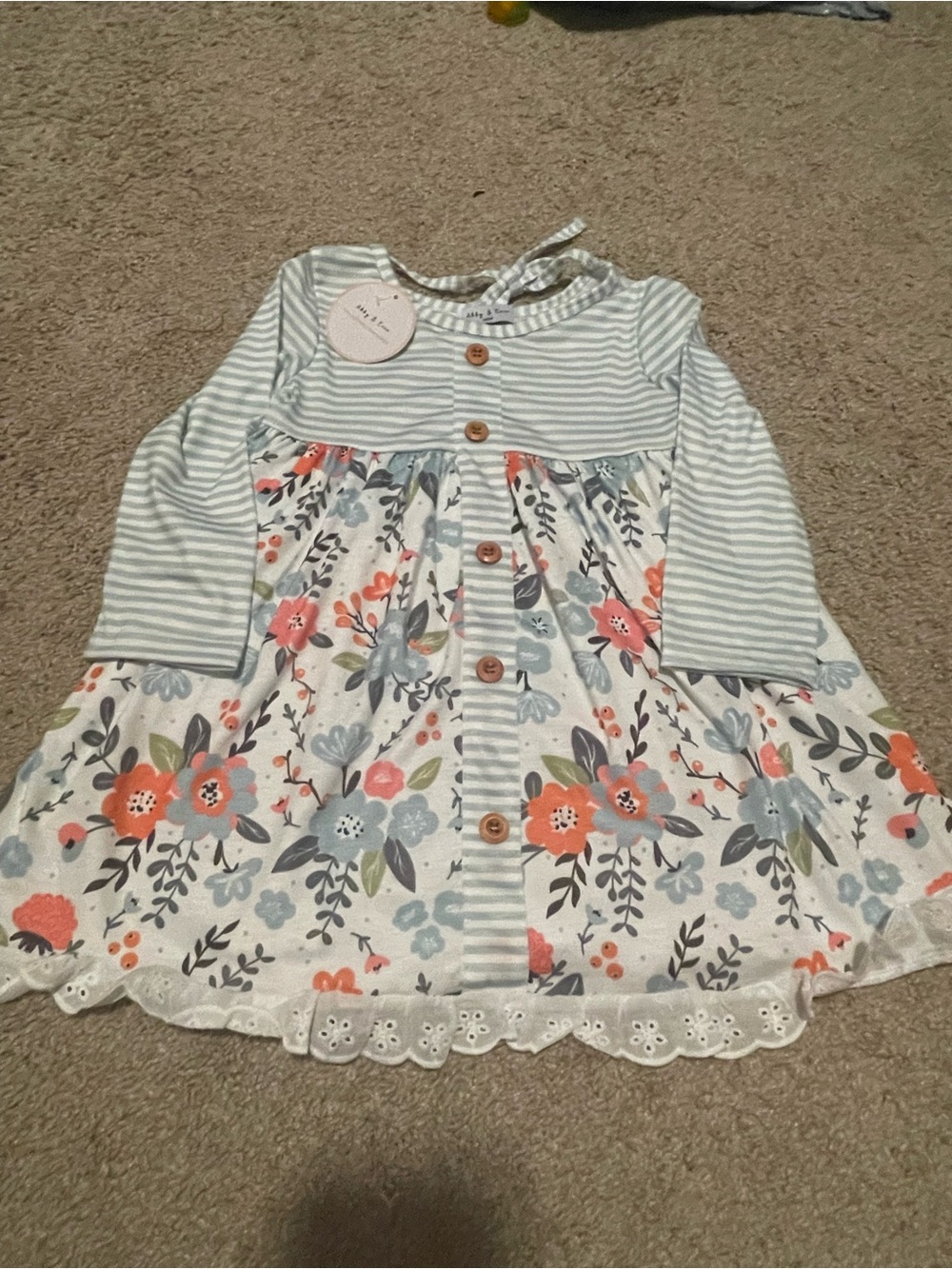 Striped and Floral Long-Sleeve Kids Dress - Coral & Light Blue